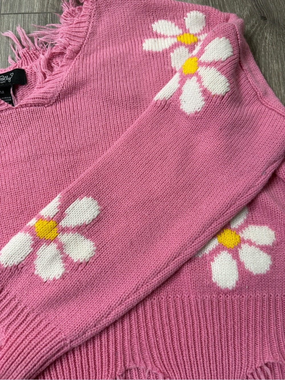 Just Polly Pink Daisy Distressed Fringe Crop Sweater M Y2K Floral Knit Grunge - Picture 12 of 13